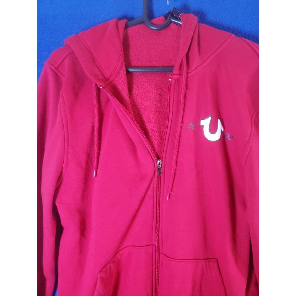 True Religion Men XL Red Buddha Zip Up Hoodie Horseshoe Logo Sweater - Picture 3 of 16